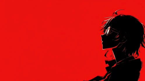 Profile silhouette of glasses wearer on uniform red field.