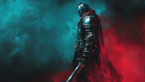 Armored dark knight in cinematic teal and red atmospheric lighting