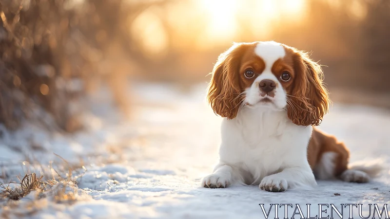 Backlit Cavalier spaniel on snow with shallow depth of field.
