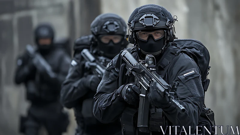 Armed tactical response team advancing in urban corridor.
