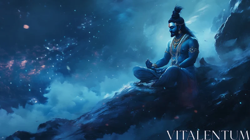 Meditating blue deity on cosmic mountain ridge at night.