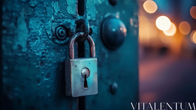 Metal padlock hangs on worn blue door in shallow focus