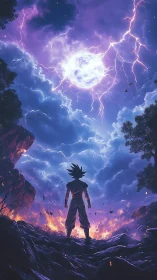 Saiyan warrior faces cosmic lightning storm sky. Period.