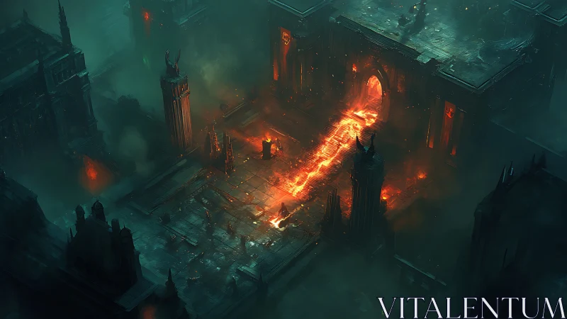 Fiery demonic citadel corridor burns through toxic green fog
