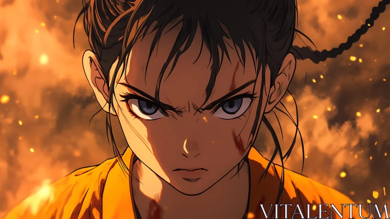 Fierce anime heroine standing unshaken in glowing embers.