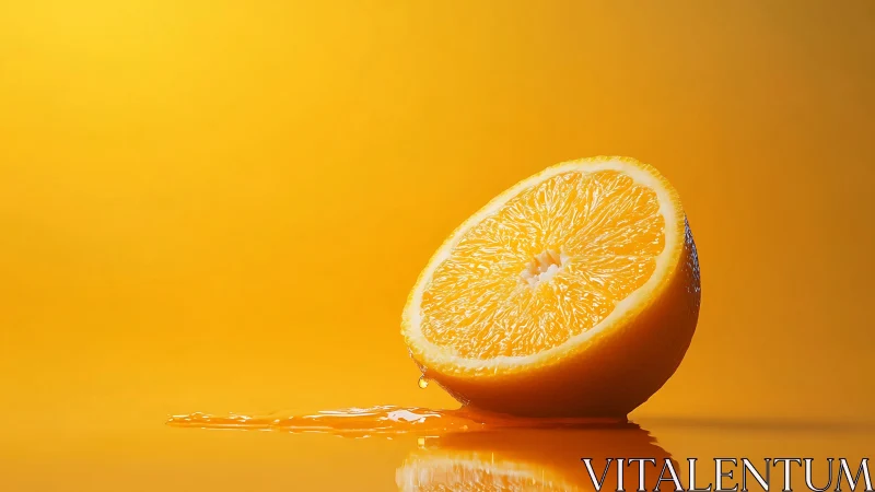 Half orange on reflective surface with juice against yellow field.