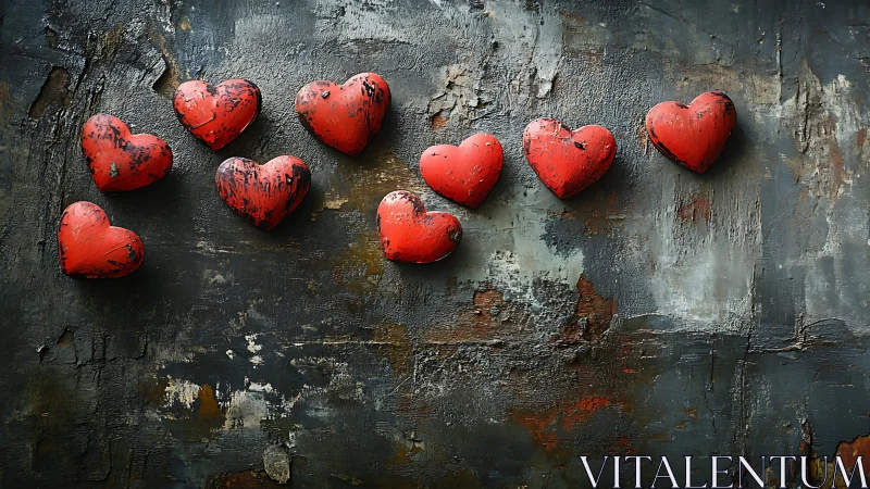 Ten red sculptural hearts mounted on weathered textured wall