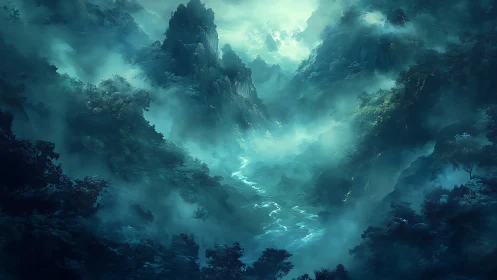 Atmospheric mountain valley rendered with volumetric fog gradients