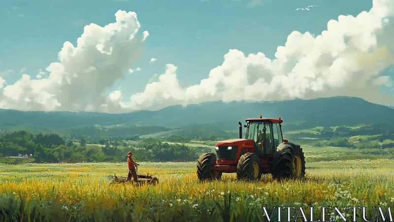Golden farm fields welcome a bright red tractor under soft clouds