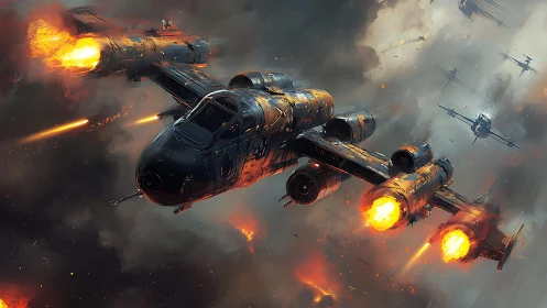Futuristic gunship squadron in burning storm-lit combat.