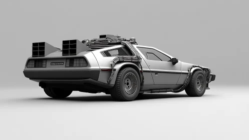 Rear three quarter view of modified stainless steel time car