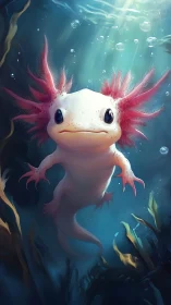 Gentle axolotl drifting through luminous aquatic depths.