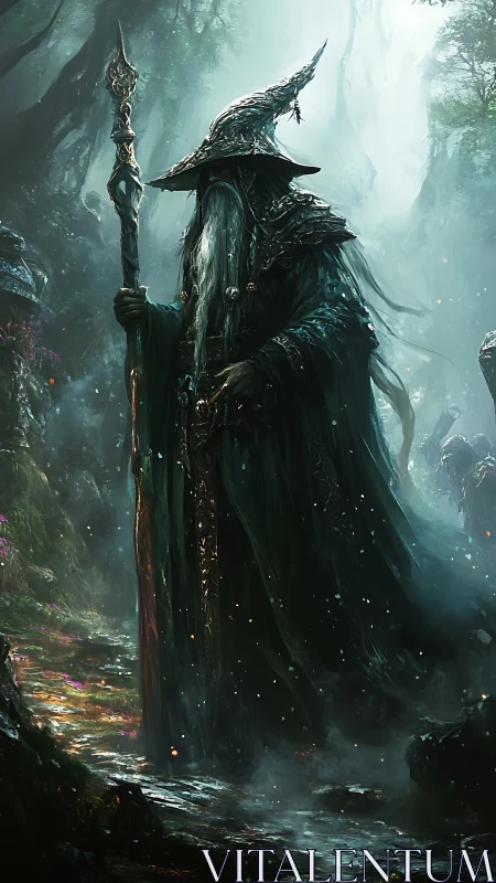 Enigmatic forest wizard strides through mist with arcane staff