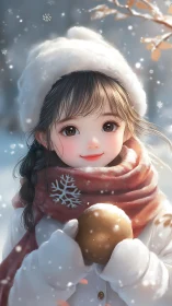 Soft-lit winter portrait shows stylized child with scarf and snowball