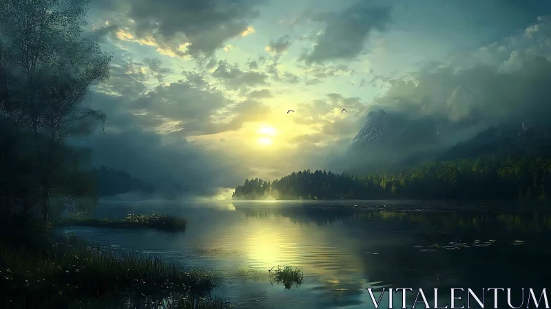 Backlit mountain lake at dawn with volumetric fog and specular water