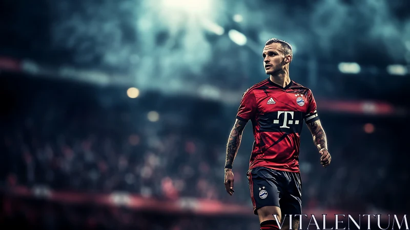 Footballer in red jersey under stadium floodlights at night.