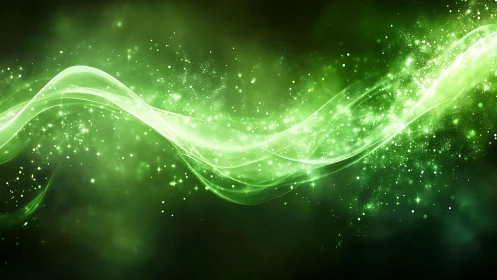 Vibrant Green Light Wave with Sparkling Particles, Abstract Digital Art.