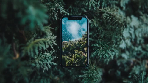 Smartphone centered in dense green foliage, screen shows sky.
