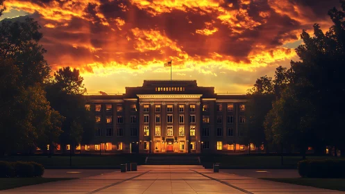 Neoclassical campus building stands lit beneath vivid clouds