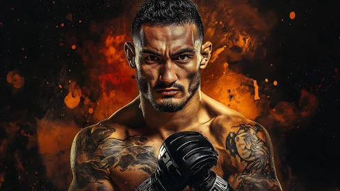 Tattooed Fighter in Fiery Combat Stance.