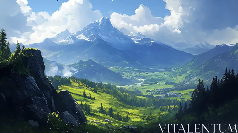 Sunlit alpine valley unfolds beneath towering snowy peaks