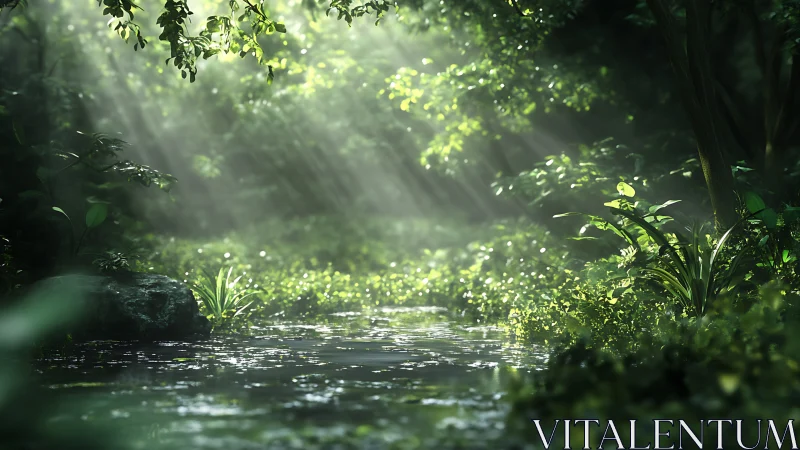 Luminous Forest Stream: Where Sunlight Dances Through Verdant Canopy.