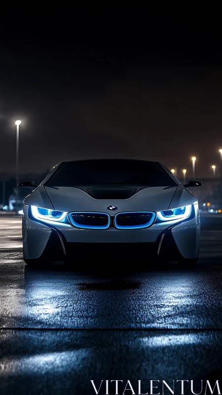 Low-angle night capture shows LED-lit sports coupe on wet asphalt