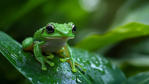 Curious green tree frog resting on a rain-kissed leaf.