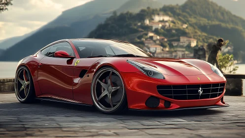 Scarlet lakeside speed sculpture under soft mountain haze.