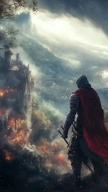 Hooded armored warrior overlooks burning fantasy valley.
