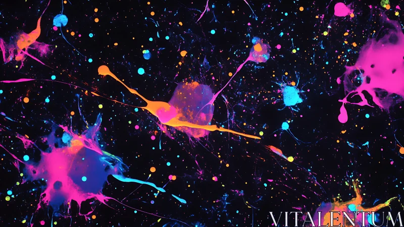 Neon paint splatter galaxy over deep black canvas ground.