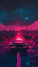 Retro car drives neon desert highway toward cosmic beam