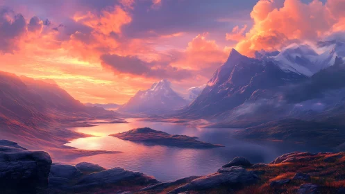 Sunset light over stylized mountains and reflective lake.