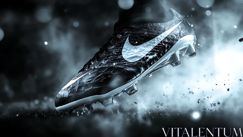 Explosive motion of metallic football boot in blue haze.