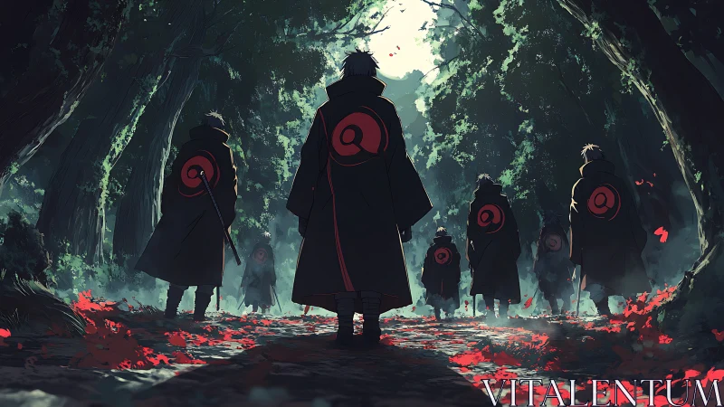 Cloaked warriors advance through a moonlit, misty forest path