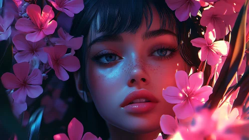 Digital portrait shows luminous girl framed by neon flowers