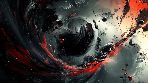 Swirling cosmic storm of shadow, light, and burning crimson.