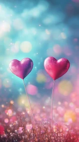 Two Pink Heart Balloons Float Through Dreamy Bokeh Sky