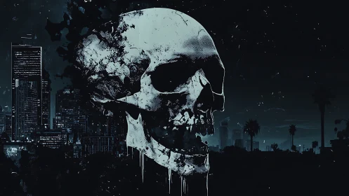 Night city skyline meets haunting skull in bold contrast