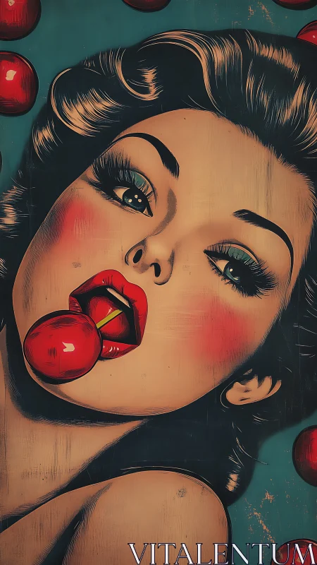 Stylized female portrait depicts face with lollipop and apples