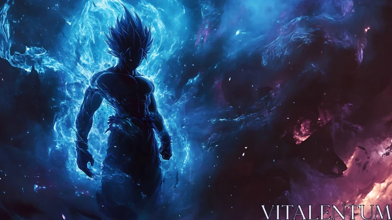 Energetic silhouette amid luminous plasma vortex field.