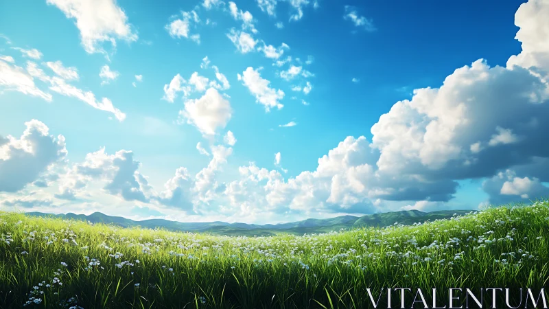 Sunny green meadow with wildflowers under deep blue sky