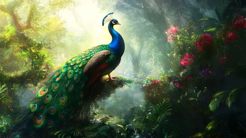 Radiant jungle peacock resting in sunlit, dreamlike garden.