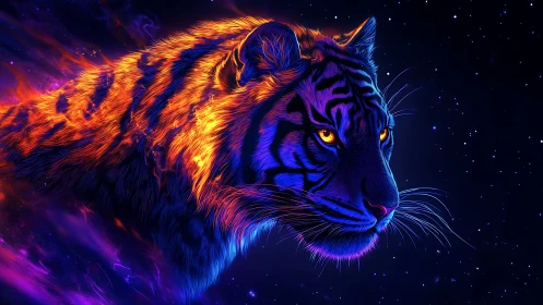 Neon cosmic tiger head burns through deep starry void