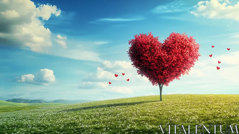 Heart-Shaped Tree in Blooming Meadow Against Azure Sky.