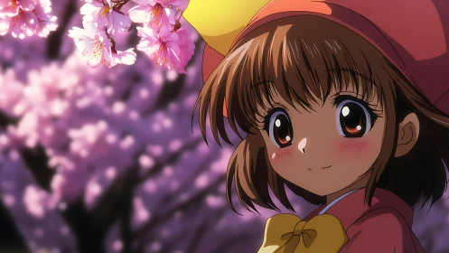 Anime girl portrait under blooming cherry blossoms at dusk.