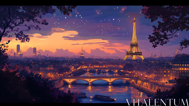 Golden Parisian evening glows softly over the calm Seine