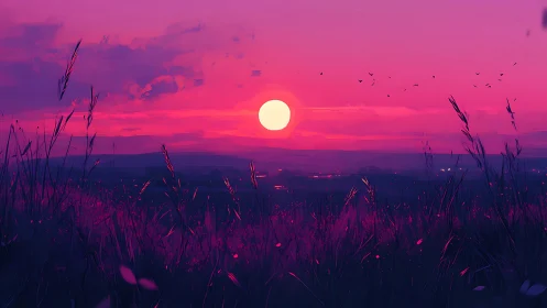 Violet horizon sunset over silhouetted wild grass plains.