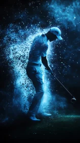 Golfer silhouette striking ball amid blue explosive dust.