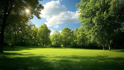 Sunlit meadow hush under bright, slow-drifting clouds.